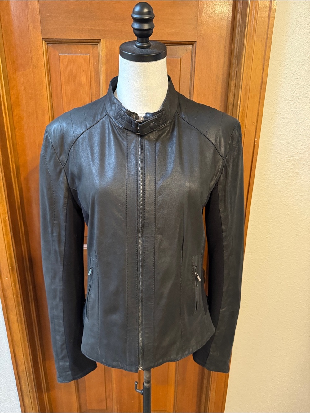 Lamarque Black Leather Moto Jacket with Band Collar Size XL